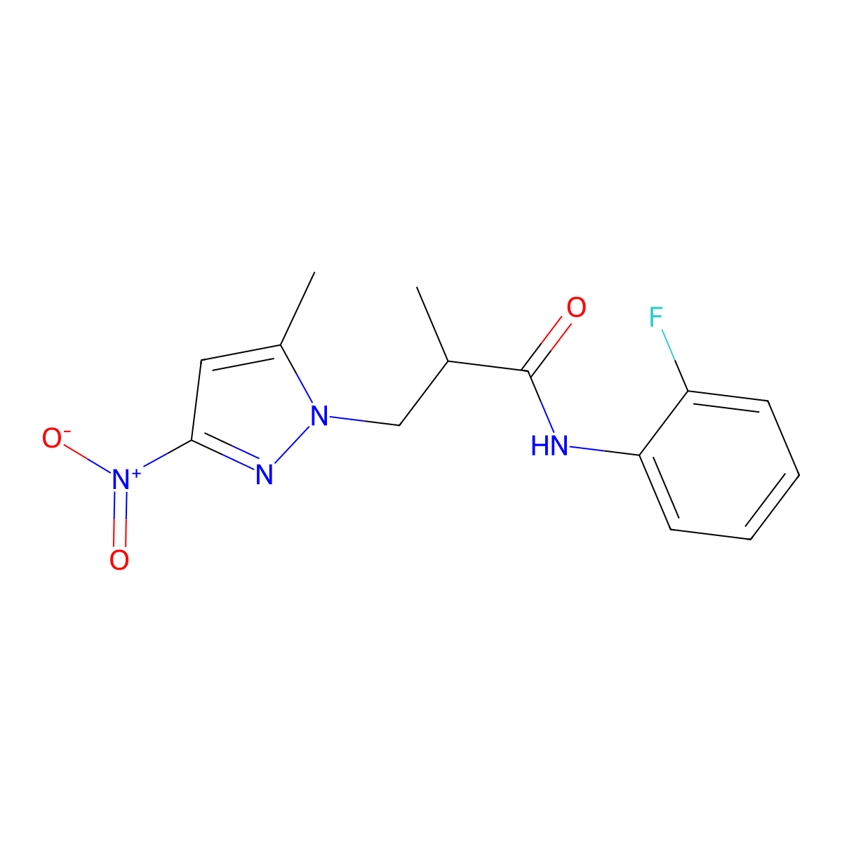 N-(2-fluorophenyl)-2-methyl-3-(5-methyl-3-nitropyrazol-1-yl)propanamide molecular structure, CAS 1005698-08-7