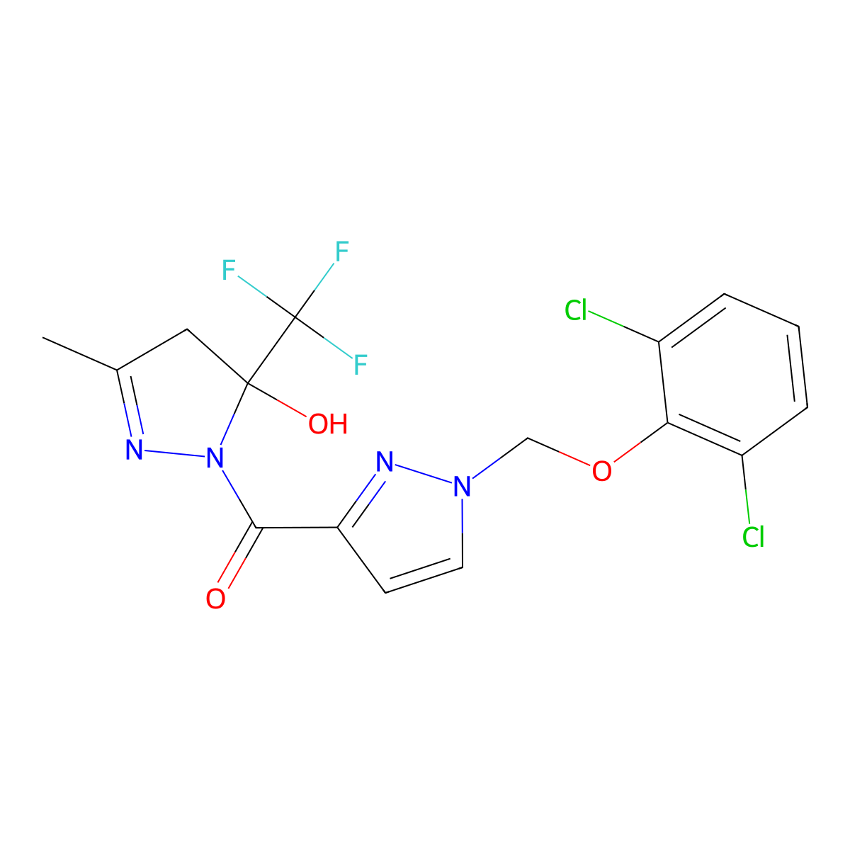 {1-[(2,6-dichlorophenoxy)methyl]-1H-pyrazol-3-yl}[5-hydroxy-3-methyl-5-(trifluoromethyl)-4,5-dihydro-1H-pyrazol-1-yl]methanone molecular structure, CAS 1005698-10-1