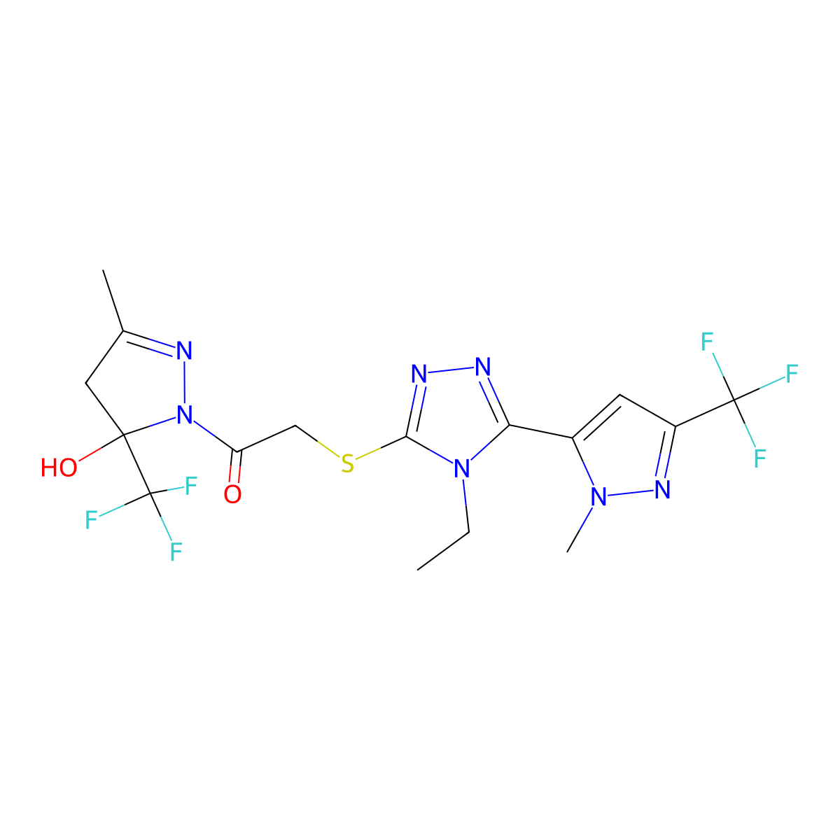 2-[[4-ethyl-5-[2-methyl-5-(trifluoromethyl)pyrazol-3-yl]-1,2,4-triazol-3-yl]sulfanyl]-1-[5-hydroxy-3-methyl-5-(trifluoromethyl)-4H-pyrazol-1-yl]ethanone molecular structure, CAS 1005698-13-4