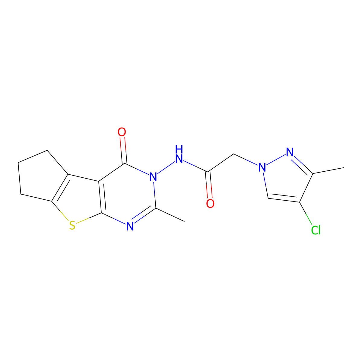 2-(4-chloro-3-methylpyrazol-1-yl)-N-(3-methyl-1-oxo-7,8-dihydro-6H-cyclopenta[2,3]thieno[2,4-d]pyrimidin-2-yl)acetamide molecular structure, CAS 1005698-42-9