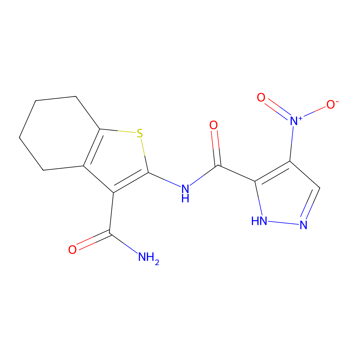 N-(3-carbamoyl-4,5,6,7-tetrahydro-1-benzothiophen-2-yl)-4-nitro-1H-pyrazole-5-carboxamide molecular structure, CAS 1005699-26-2