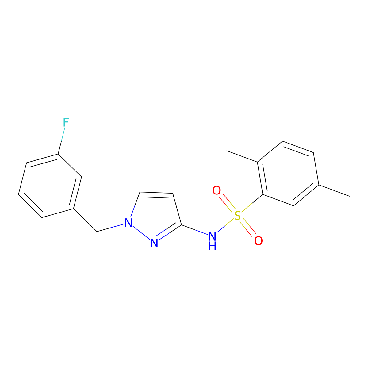 N-[1-[(3-fluorophenyl)methyl]pyrazol-3-yl]-2,5-dimethylbenzenesulfonamide molecular structure, CAS 1005699-43-3