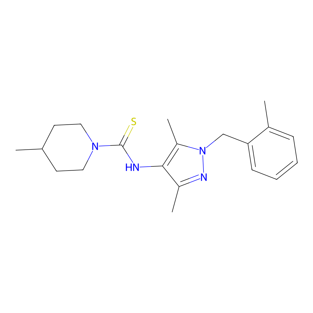 N-[3,5-dimethyl-1-[(2-methylphenyl)methyl]pyrazol-4-yl]-4-methylpiperidine-1-carbothioamide molecular structure, CAS 1005699-71-7