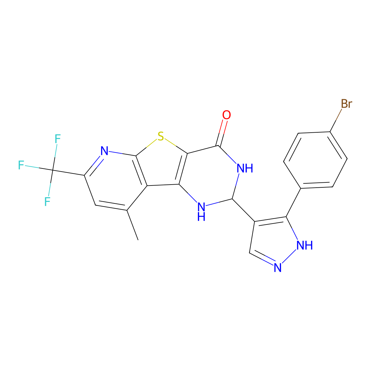 2-[3-(4-bromophenyl)-1H-pyrazol-4-yl]-9-methyl-7-(trifluoromethyl)-2,3-dihydropyrido[3',2':4,5]thieno[3,2-d]pyrimidin-4(1H)-one molecular structure, CAS 1005699-88-6