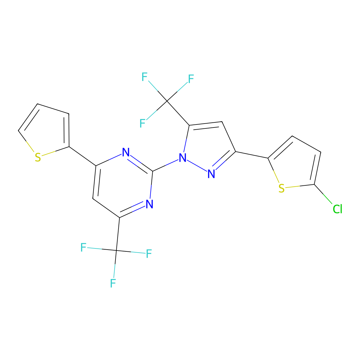 2-[3-(5-chlorothiophen-2-yl)-5-(trifluoromethyl)-1H-pyrazol-1-yl]-4-(thiophen-2-yl)-6-(trifluoromethyl)pyrimidine molecular structure, CAS 1005699-92-2