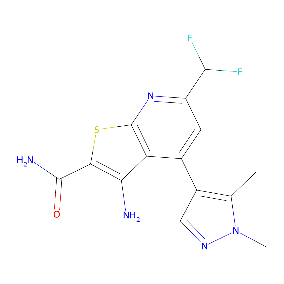 3-amino-6-(difluoromethyl)-4-(1,5-dimethyl-1H-pyrazol-4-yl)thieno[2,3-b]pyridine-2-carboxamide molecular structure, CAS 1005699-94-4