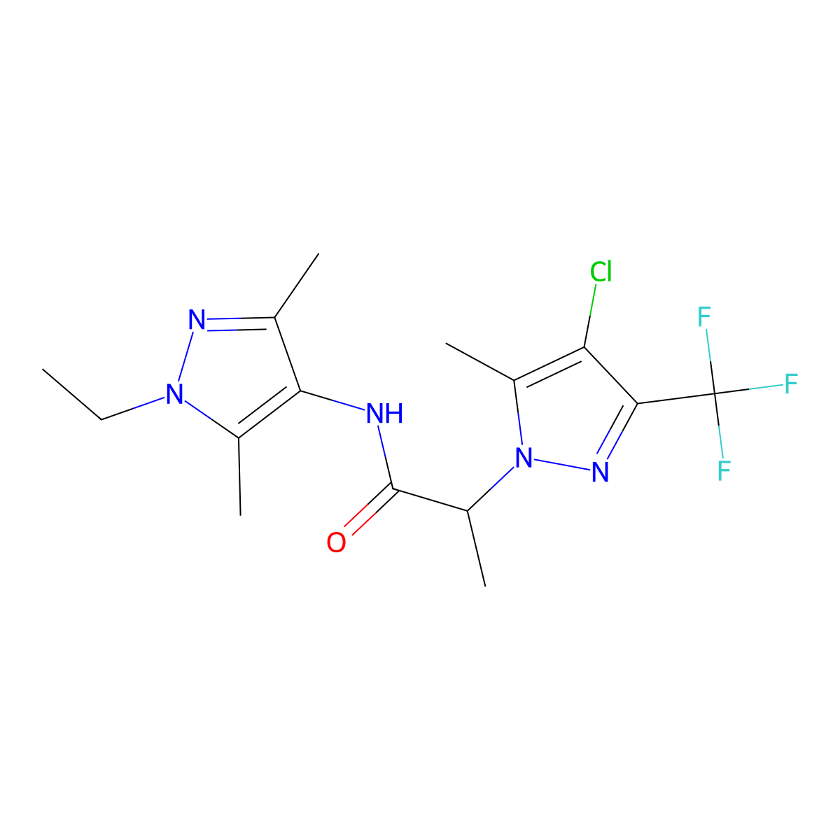 2-[4-chloro-5-methyl-3-(trifluoromethyl)pyrazol-1-yl]-N-(1-ethyl-3,5-dimethylpyrazol-4-yl)propanamide molecular structure, CAS 1005699-95-5