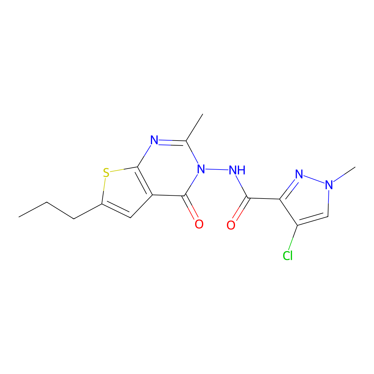 4-chloro-1-methyl-N-(2-methyl-4-oxo-6-propylthieno[2,3-d]pyrimidin-3-yl)pyrazole-3-carboxamide molecular structure, CAS 1005700-01-5