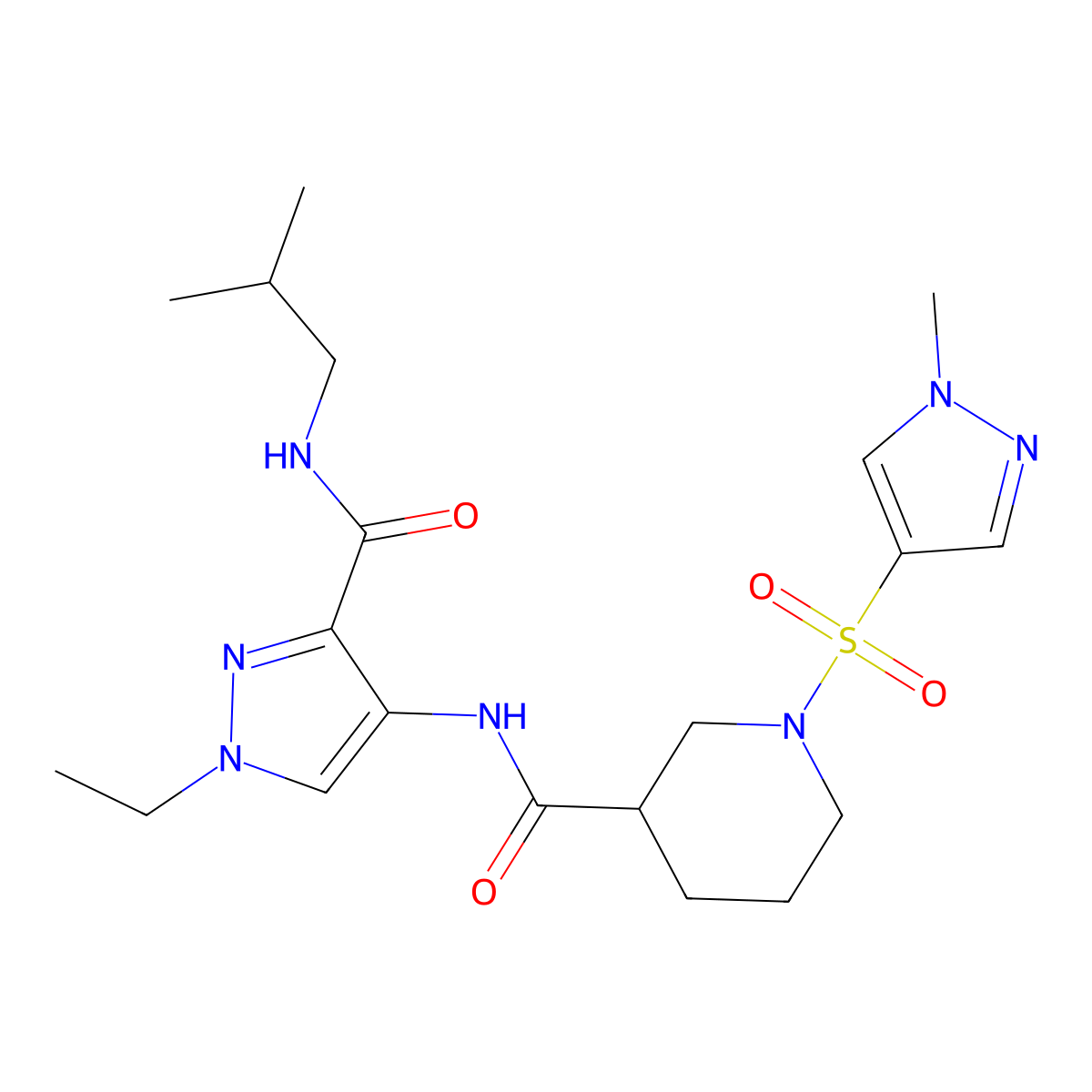 N-{1-ethyl-3-[(2-methylpropyl)carbamoyl]-1H-pyrazol-4-yl}-1-[(1-methyl-1H-pyrazol-4-yl)sulfonyl]piperidine-3-carboxamide molecular structure, CAS 1005700-07-1