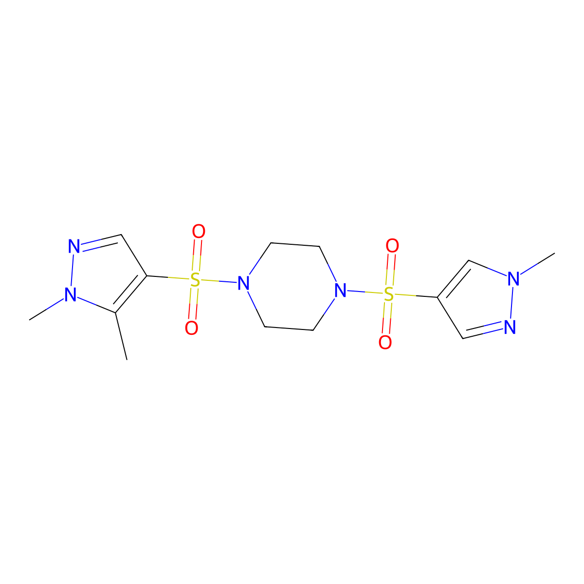 1-[(1,5-dimethyl-1H-pyrazol-4-yl)sulfonyl]-4-[(1-methyl-1H-pyrazol-4-yl)sulfonyl]piperazine molecular structure, CAS 1005700-42-4