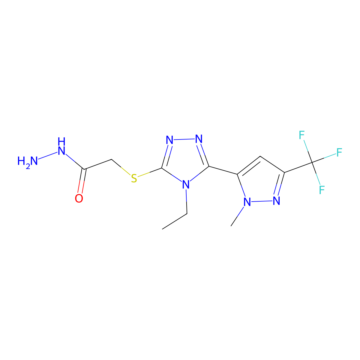 2-({4-ethyl-5-[1-methyl-3-(trifluoromethyl)-1H-pyrazol-5-yl]-4H-1,2,4-triazol-3-yl}sulfanyl)acetohydrazide molecular structure, CAS 1005700-45-7