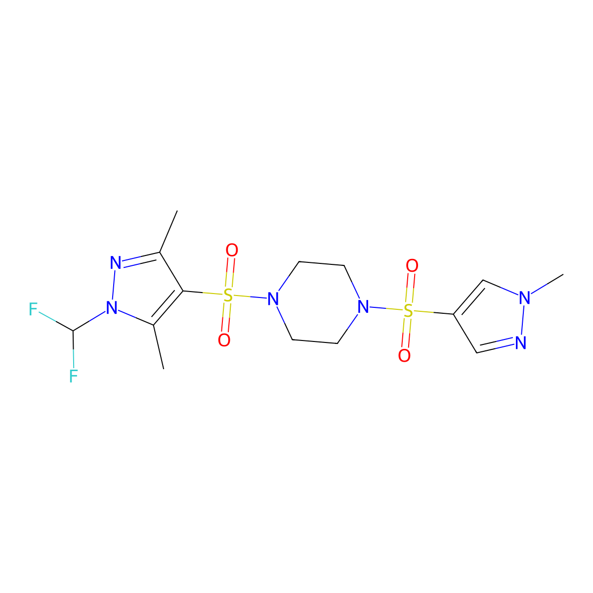 1-{[1-(difluoromethyl)-3,5-dimethyl-1H-pyrazol-4-yl]sulfonyl}-4-[(1-methyl-1H-pyrazol-4-yl)sulfonyl]piperazine molecular structure, CAS 1005700-64-0
