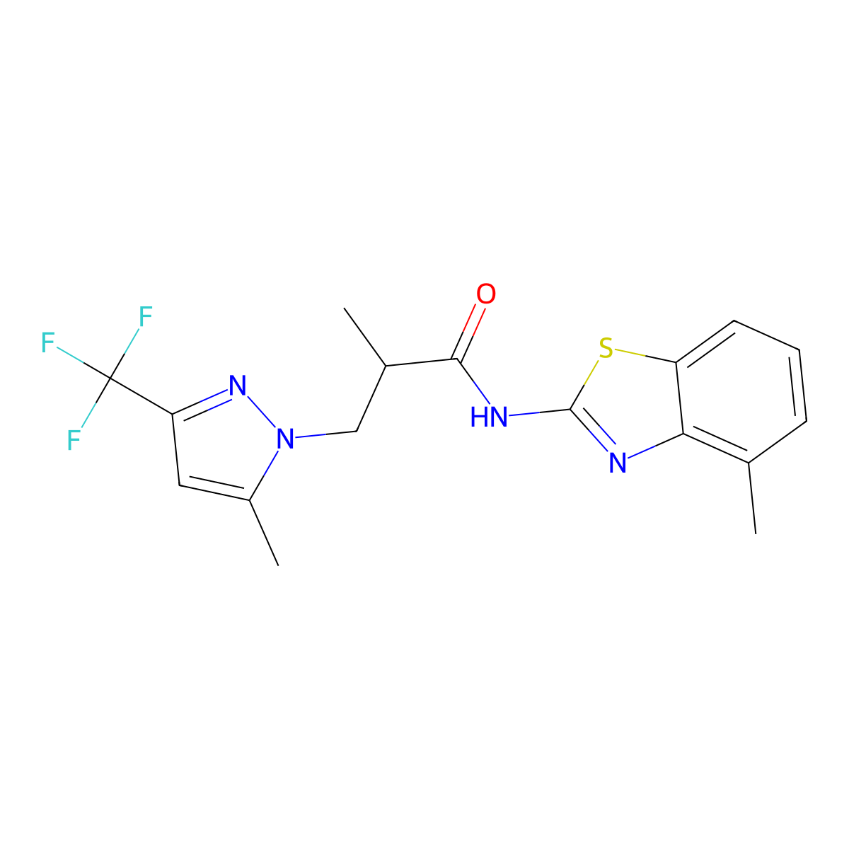 2-methyl-N-(4-methyl-1,3-benzothiazol-2-yl)-3-[5-methyl-3-(trifluoromethyl)pyrazol-1-yl]propanamide molecular structure, CAS 1005700-77-5