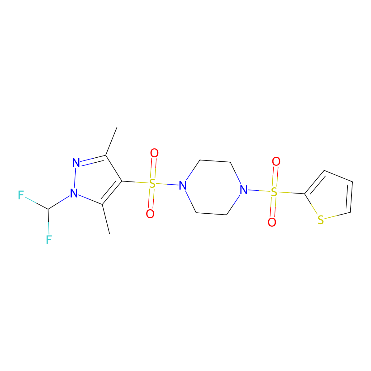 1-{[1-(difluoromethyl)-3,5-dimethyl-1H-pyrazol-4-yl]sulfonyl}-4-(thiophen-2-ylsulfonyl)piperazine molecular structure, CAS 1005701-21-2