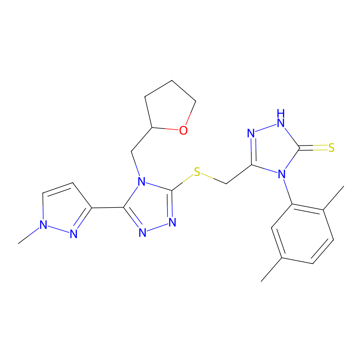4-(2,5-dimethylphenyl)-3-[[5-(1-methylpyrazol-3-yl)-4-(oxolan-2-ylmethyl)-1,2,4-triazol-3-yl]sulfanylmethyl]-1H-1,2,4-triazole-5-thione molecular structure, CAS 1005701-74-5