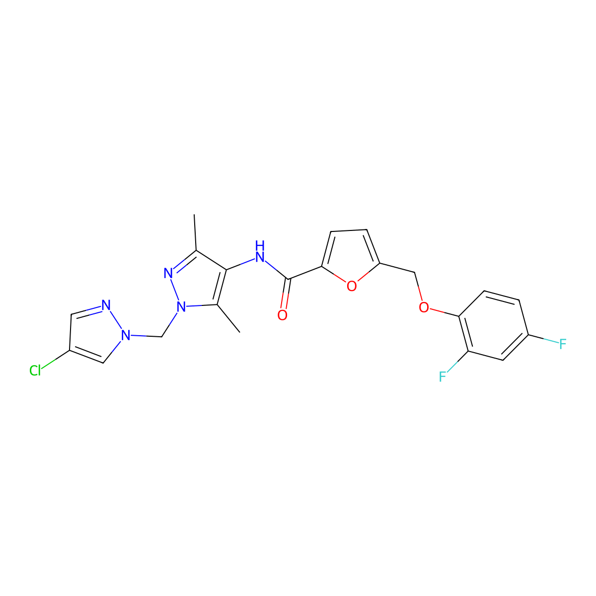 N-{1-[(4-chloro-1H-pyrazol-1-yl)methyl]-3,5-dimethyl-1H-pyrazol-4-yl}-5-[(2,4-difluorophenoxy)methyl]furan-2-carboxamide molecular structure, CAS 1005701-75-6