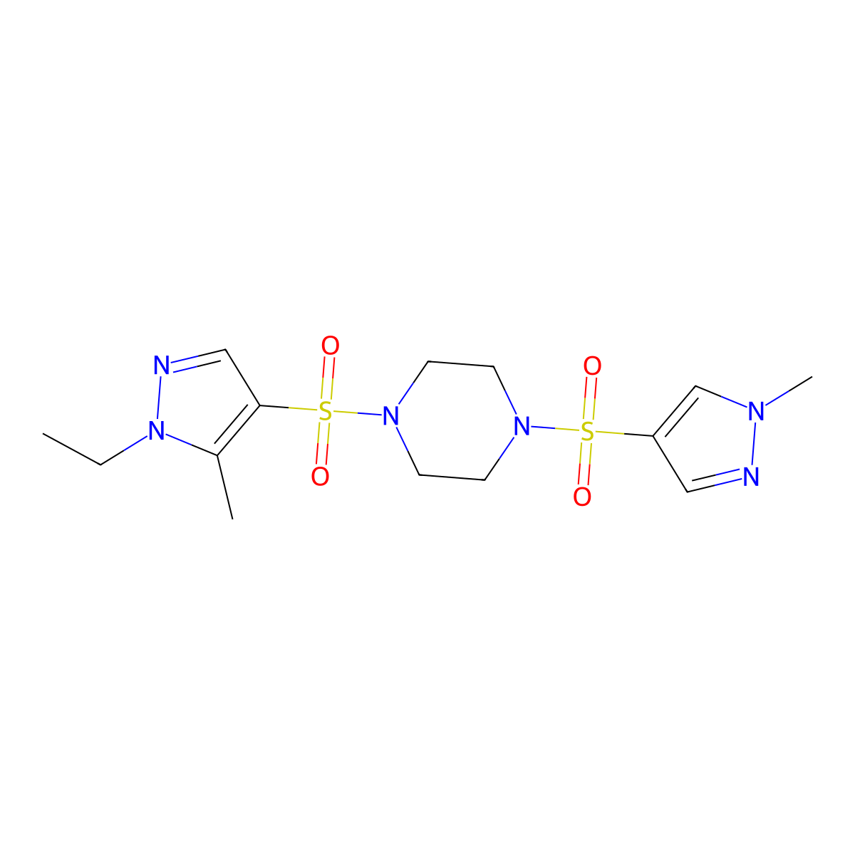 1-[(1-ethyl-5-methyl-1H-pyrazol-4-yl)sulfonyl]-4-[(1-methyl-1H-pyrazol-4-yl)sulfonyl]piperazine molecular structure, CAS 1005702-01-1