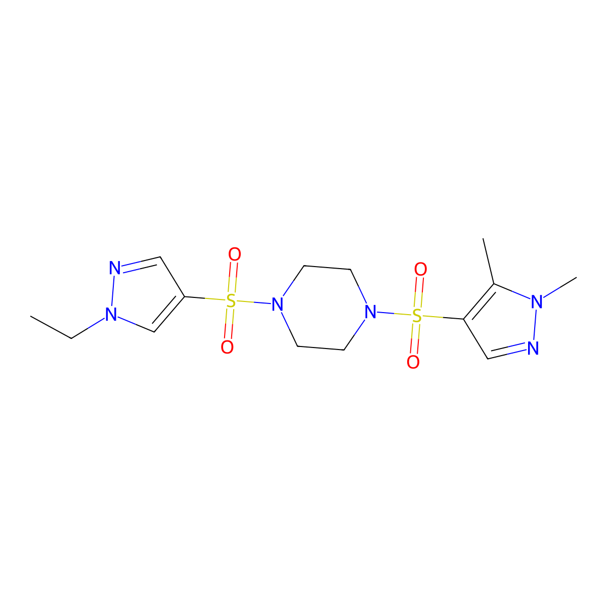 1-[(1,5-dimethyl-1H-pyrazol-4-yl)sulfonyl]-4-[(1-ethyl-1H-pyrazol-4-yl)sulfonyl]piperazine molecular structure, CAS 1005702-09-9