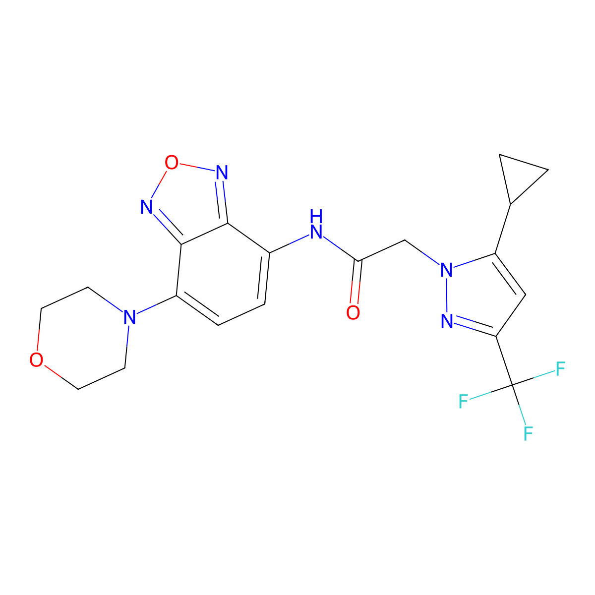 2-[5-cyclopropyl-3-(trifluoromethyl)pyrazol-1-yl]-N-(4-morpholin-4-yl-2,1,3-benzoxadiazol-7-yl)acetamide molecular structure, CAS 1005702-12-4