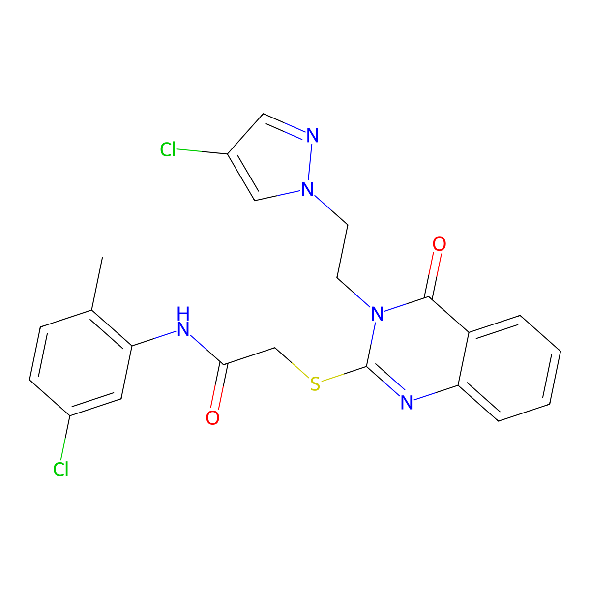 N-(5-chloro-2-methylphenyl)-2-({3-[2-(4-chloro-1H-pyrazol-1-yl)ethyl]-4-oxo-3,4-dihydroquinazolin-2-yl}sulfanyl)acetamide molecular structure, CAS 1005703-08-1