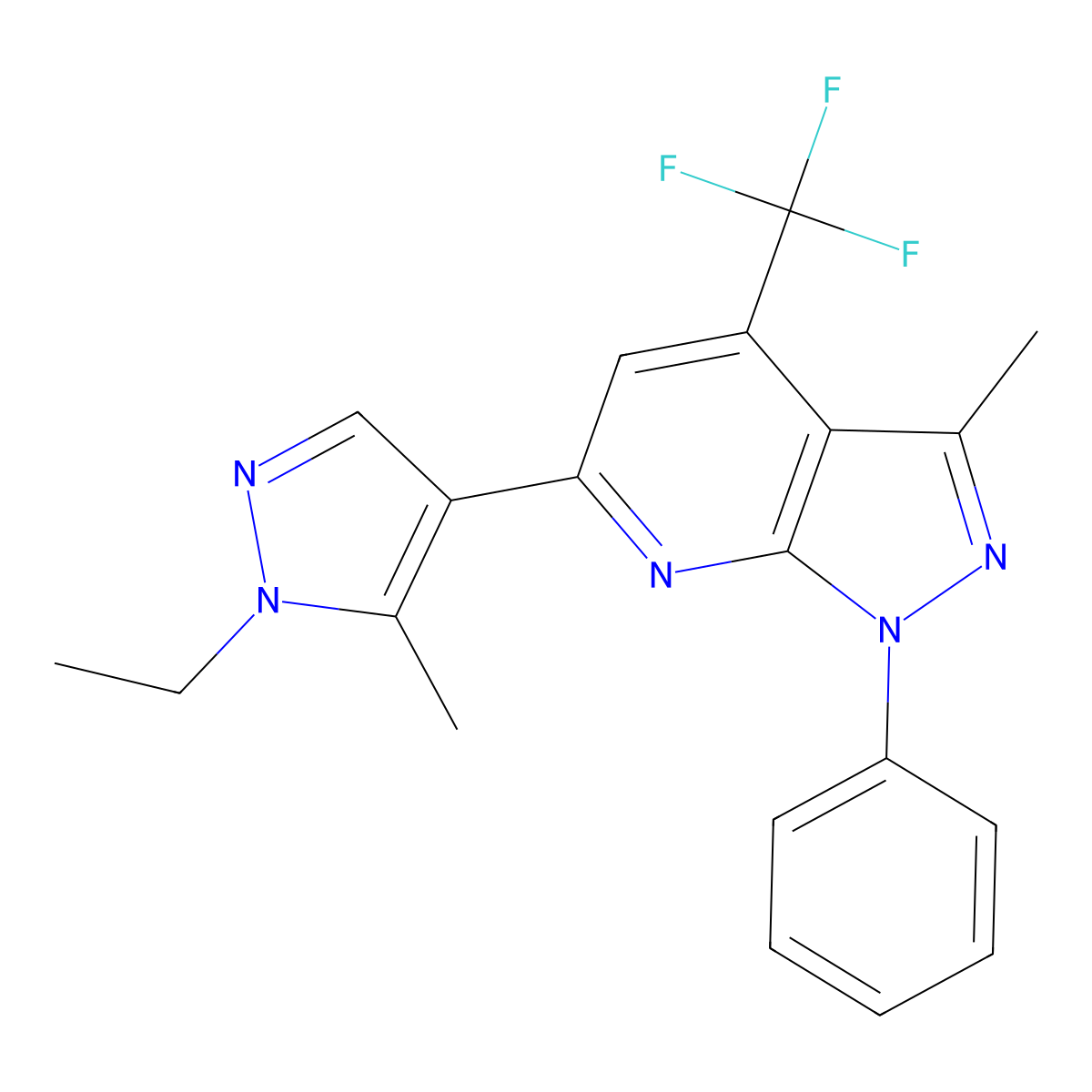 6-(1-ethyl-5-methyl-1H-pyrazol-4-yl)-3-methyl-1-phenyl-4-(trifluoromethyl)-1H-pyrazolo[3,4-b]pyridine molecular structure, CAS 1005703-16-1