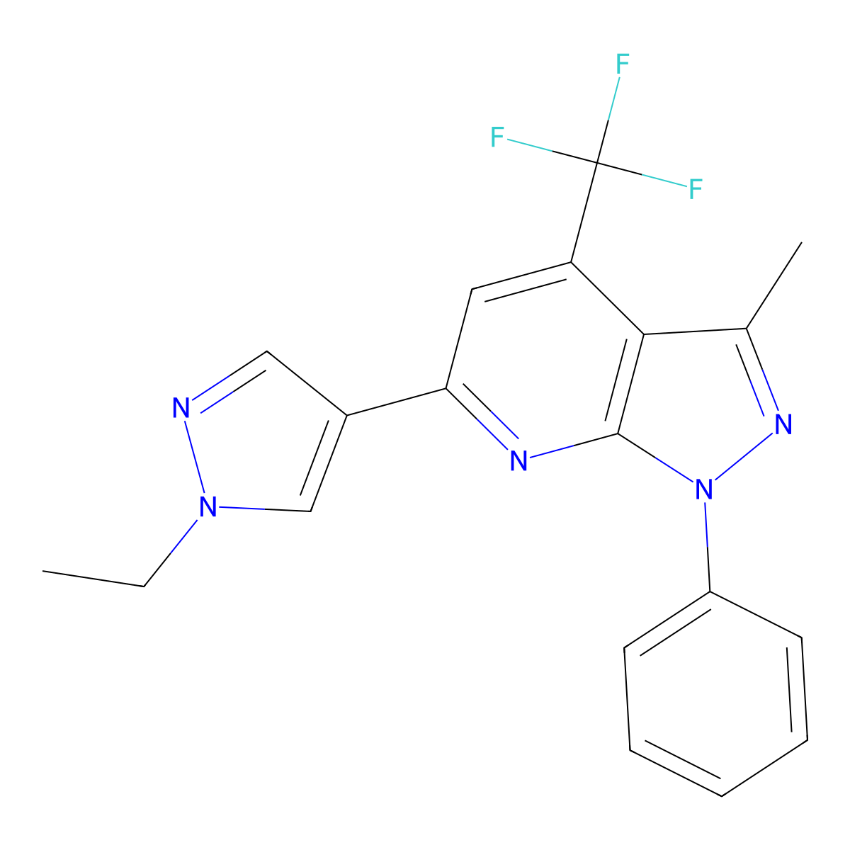 6-(1-ethyl-1H-pyrazol-4-yl)-3-methyl-1-phenyl-4-(trifluoromethyl)-1H-pyrazolo[3,4-b]pyridine molecular structure, CAS 1005703-71-8