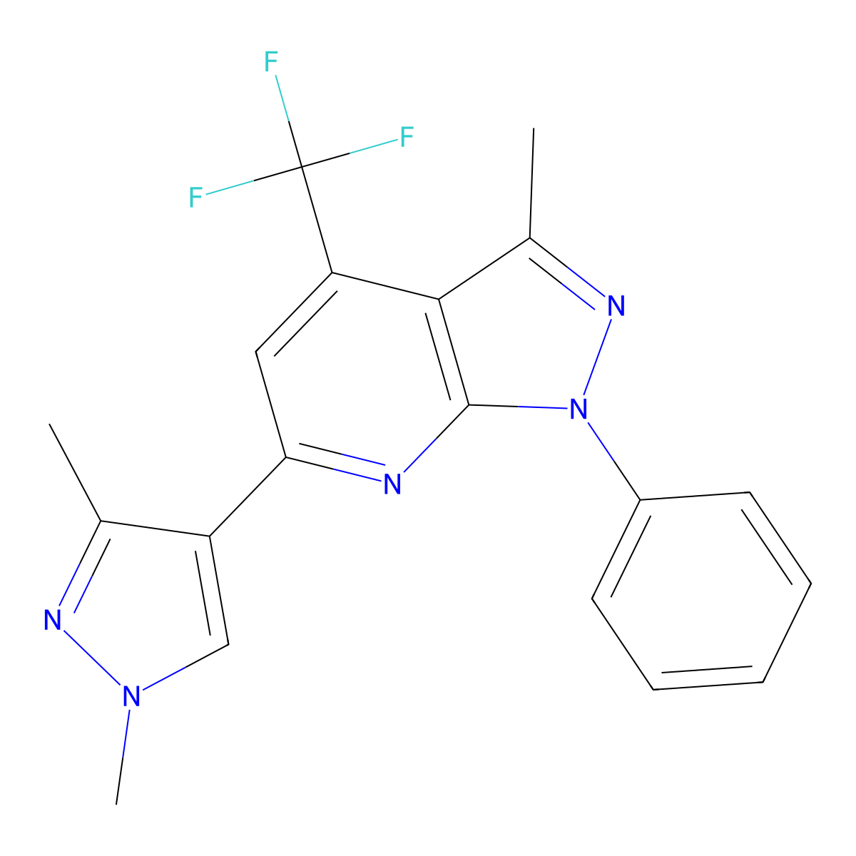 6-(1,3-dimethyl-1H-pyrazol-4-yl)-3-methyl-1-phenyl-4-(trifluoromethyl)-1H-pyrazolo[3,4-b]pyridine molecular structure, CAS 1005703-79-6