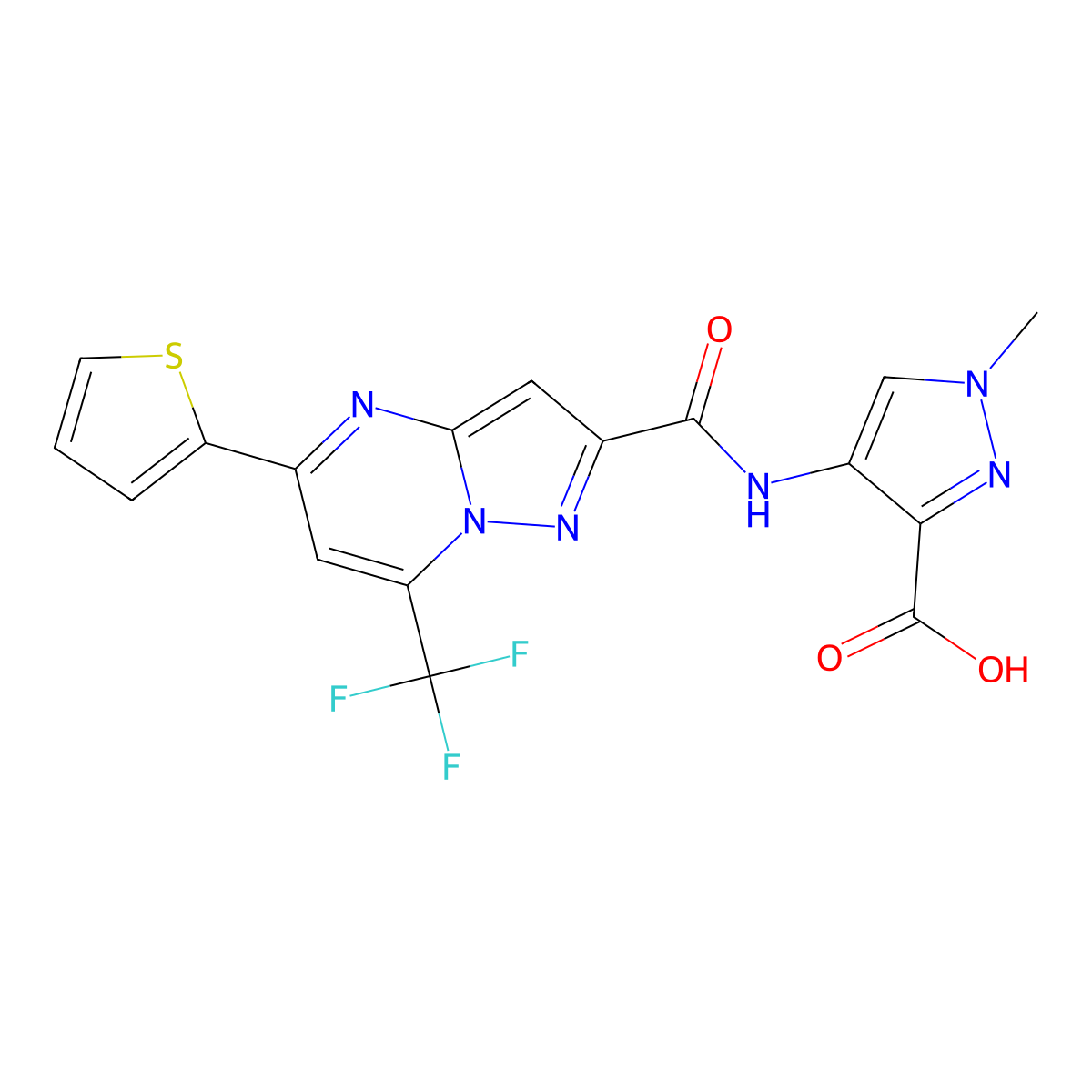 1-Methyl-4-({[5-(2-thienyl)-7-(trifluoromethyl)pyrazolo[1,5-A]pyrimidin-2-YL]carbonyl}amino)-1H-pyrazole-3-carboxylic acid molecular structure, CAS 1005703-96-7