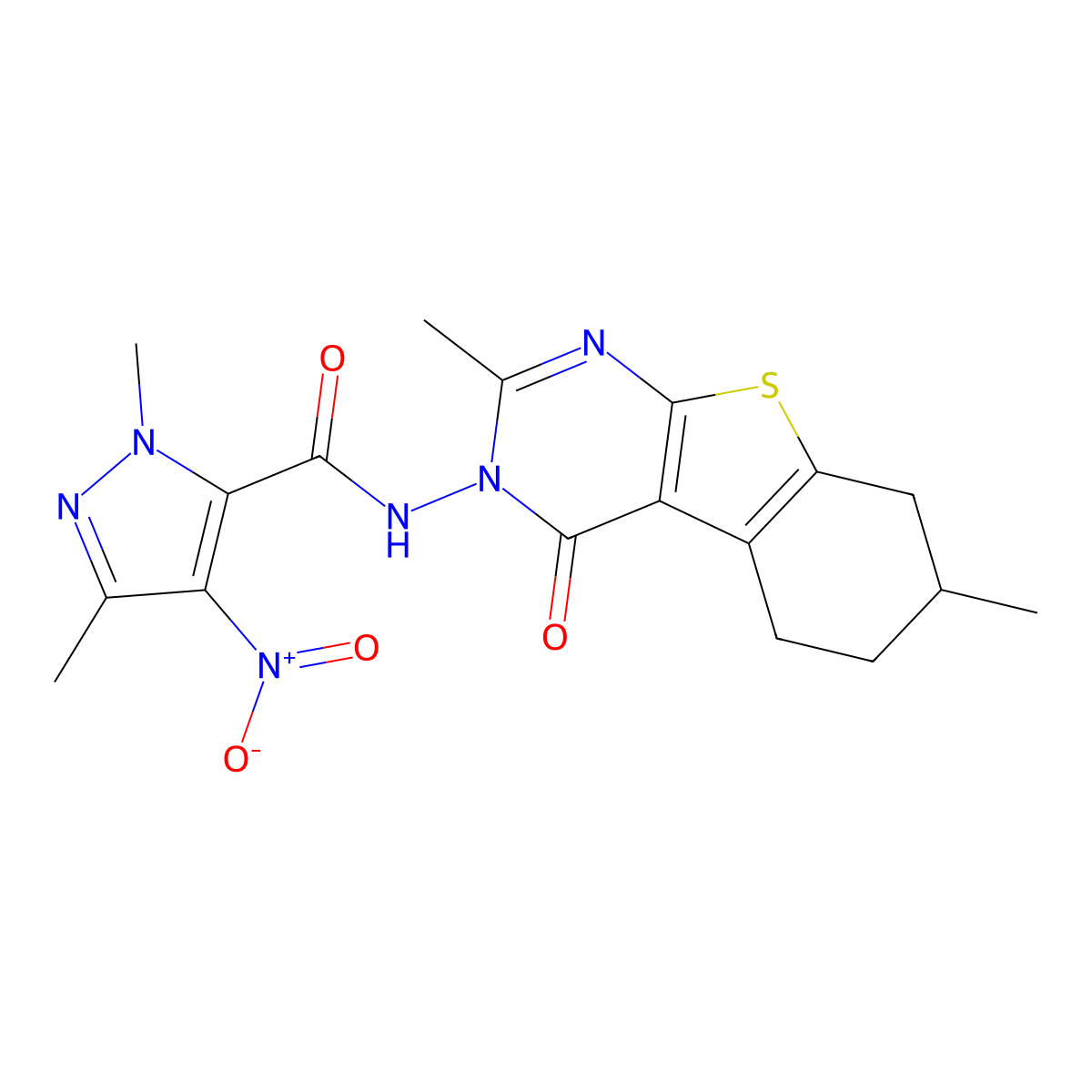 N-(2,7-dimethyl-4-oxo-5,6,7,8-tetrahydro[1]benzothieno[2,3-d]pyrimidin-3(4H)-yl)-1,3-dimethyl-4-nitro-1H-pyrazole-5-carboxamide molecular structure, CAS 1005704-01-7