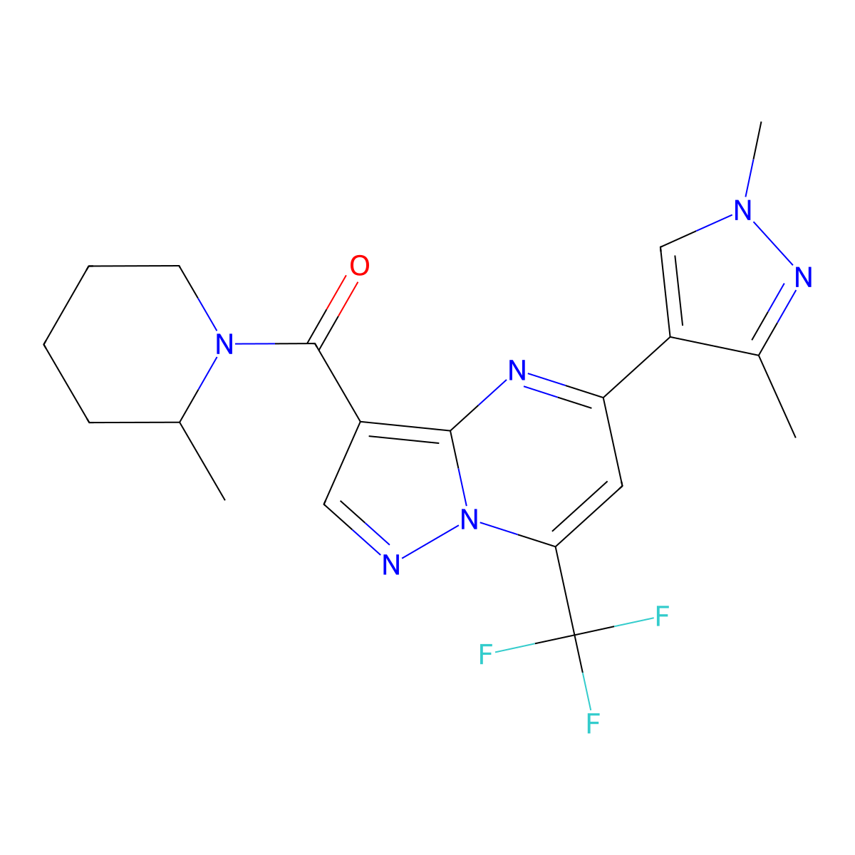 [5-(1,3-Dimethylpyrazol-4-yl)-7-(trifluoromethyl)pyrazolo[1,5-a]pyrimidin-3-yl]-(2-methylpiperidin-1-yl)methanone molecular structure, CAS 1005704-37-9