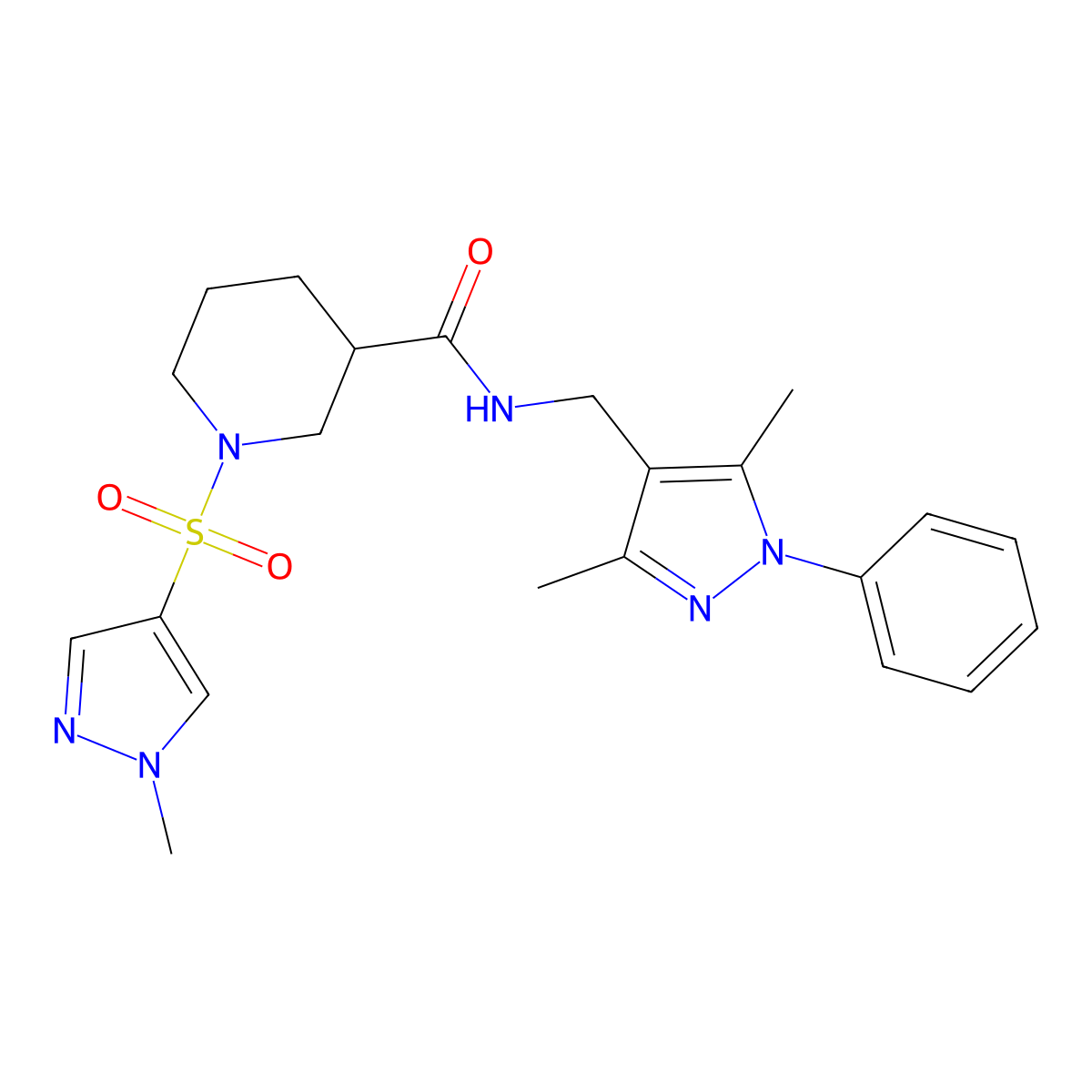 N-[(3,5-dimethyl-1-phenyl-1H-pyrazol-4-yl)methyl]-1-[(1-methyl-1H-pyrazol-4-yl)sulfonyl]piperidine-3-carboxamide molecular structure, CAS 1005704-58-4