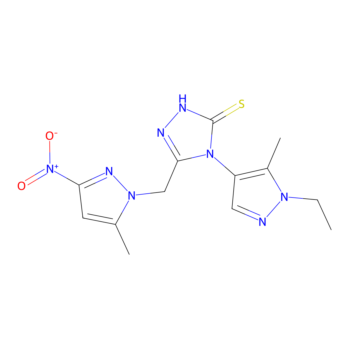 4-(1-ethyl-5-methylpyrazol-4-yl)-3-[(5-methyl-3-nitropyrazol-1-yl)methyl]-1H-1,2,4-triazole-5-thione molecular structure, CAS 1005704-93-7