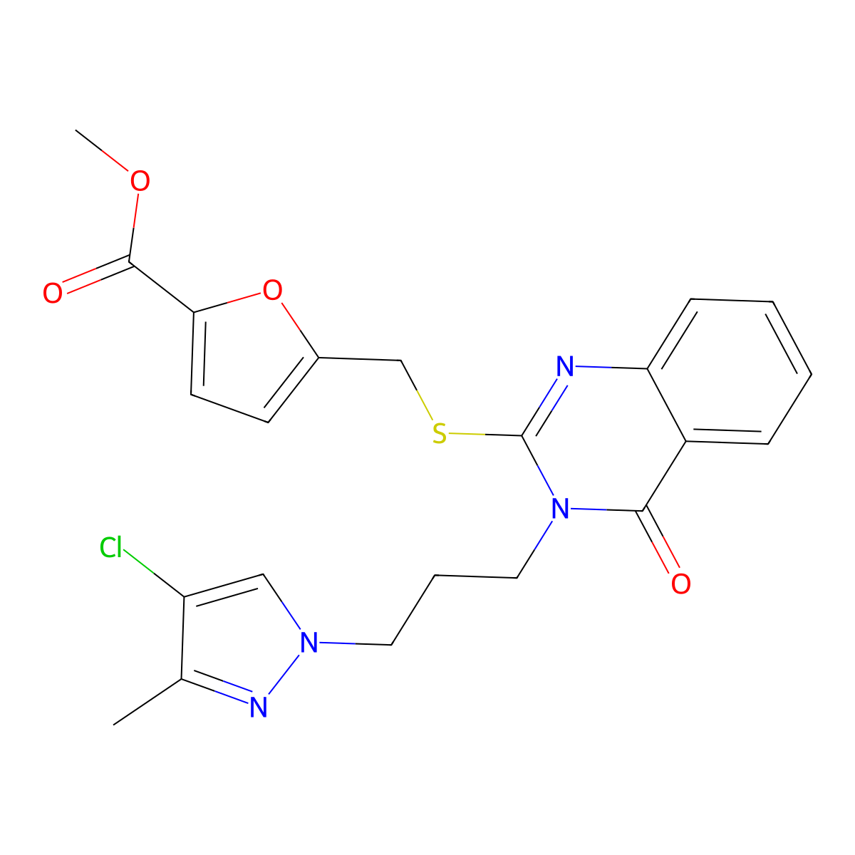 methyl 5-[({3-[3-(4-chloro-3-methyl-1H-pyrazol-1-yl)propyl]-4-oxo-3,4-dihydroquinazolin-2-yl}sulfanyl)methyl]furan-2-carboxylate molecular structure, CAS 1005705-05-4