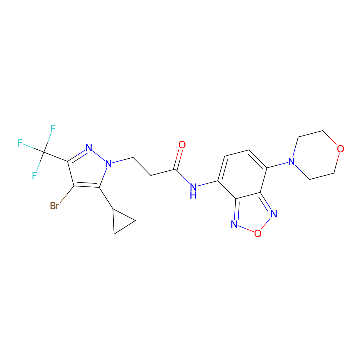3-[4-bromo-5-cyclopropyl-3-(trifluoromethyl)pyrazol-1-yl]-N-(4-morpholin-4-yl-2,1,3-benzoxadiazol-7-yl)propanamide molecular structure, CAS 1005705-15-6