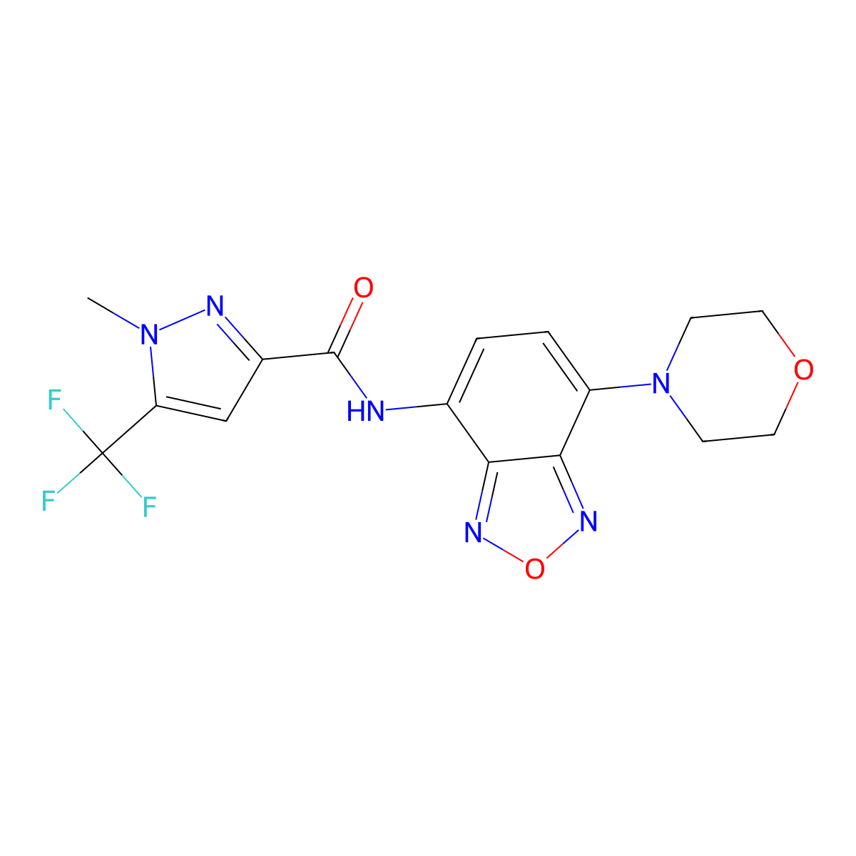 1-methyl-N-(4-morpholin-4-yl-2,1,3-benzoxadiazol-7-yl)-5-(trifluoromethyl)pyrazole-3-carboxamide molecular structure, CAS 1005705-39-4
