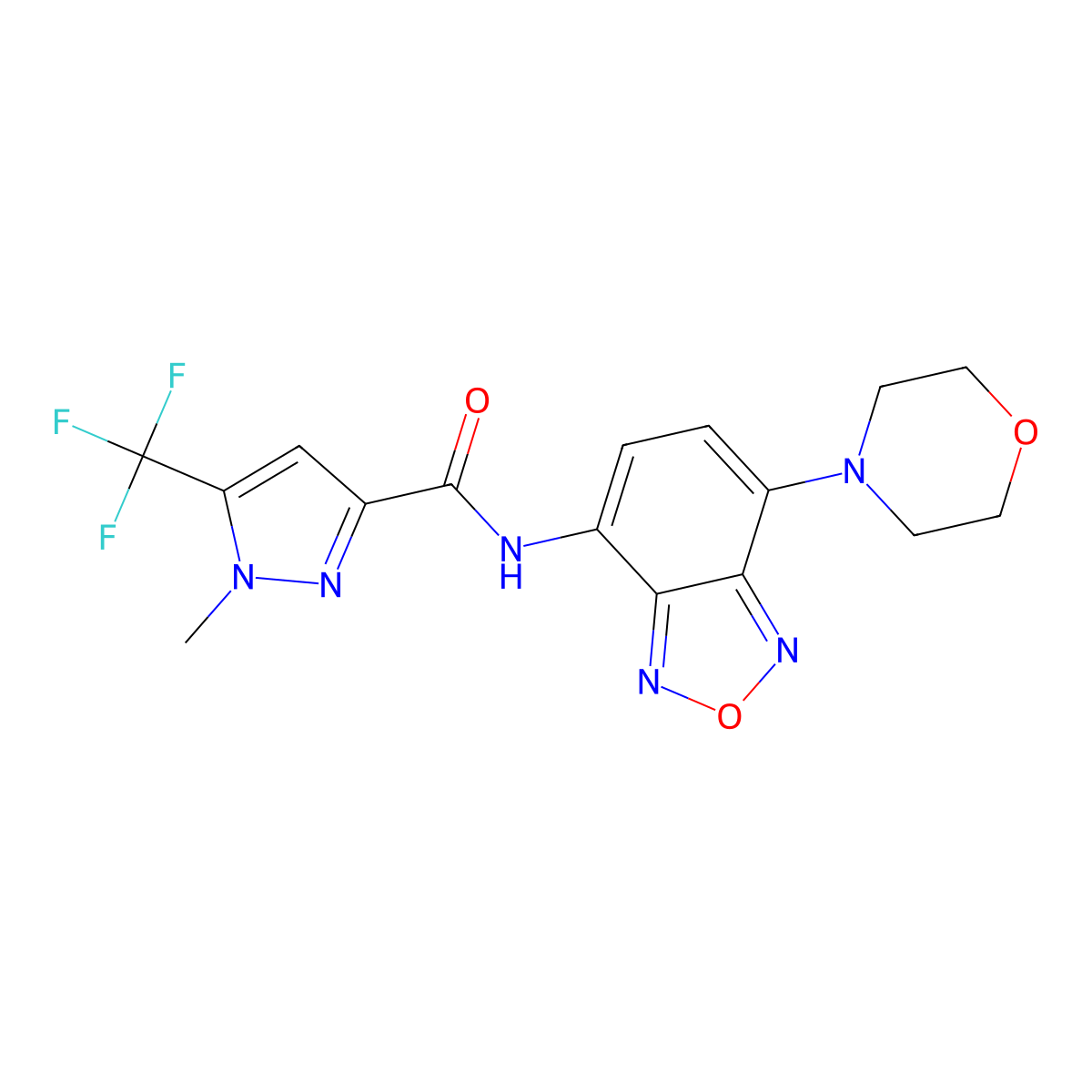 1-methyl-N-(4-morpholin-4-yl-2,1,3-benzoxadiazol-7-yl)-5-(trifluoromethyl)pyrazole-3-carboxamide molecular structure, CAS 1005705-39-4