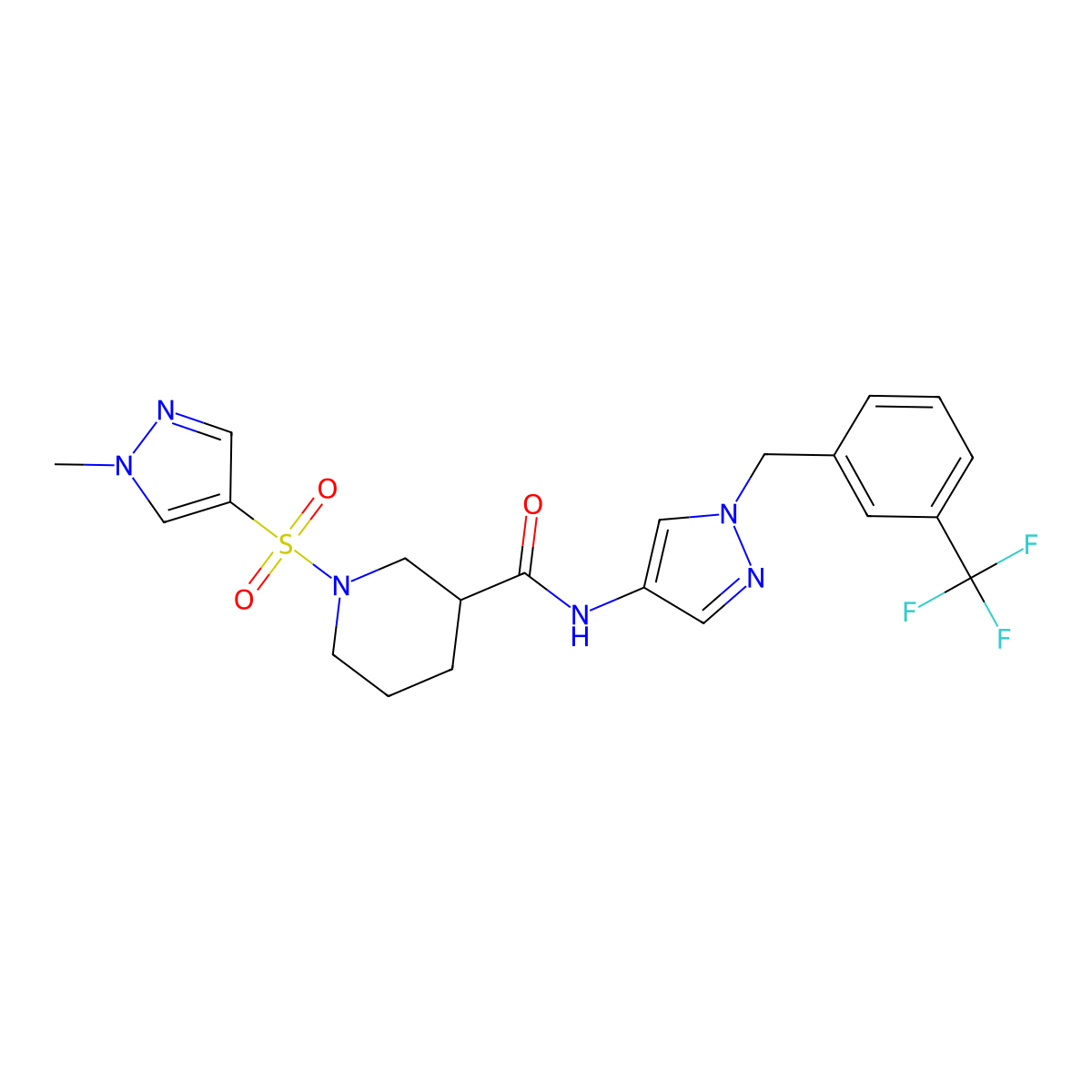 1-((1-methyl-1H-pyrazol-4-yl)sulfonyl)-N-(1-(3-(trifluoromethyl)benzyl)-1H-pyrazol-4-yl)piperidine-3-carboxamide molecular structure, CAS 1005705-53-2