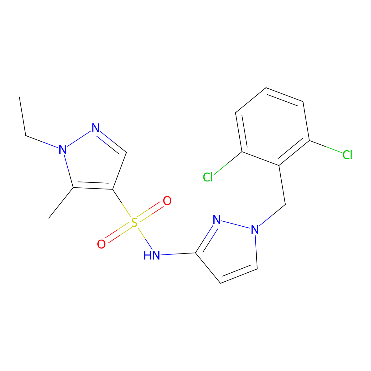 N-[1-(2,6-dichlorobenzyl)-1H-pyrazol-3-yl]-1-ethyl-5-methyl-1H-pyrazole-4-sulfonamide molecular structure, CAS 1005705-74-7