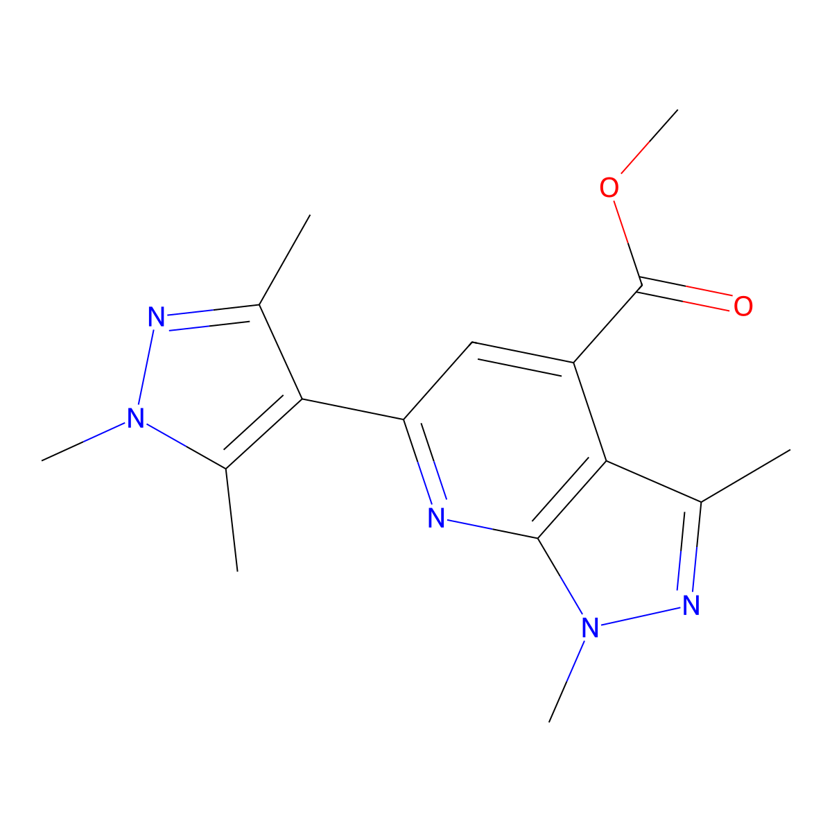methyl 1,3-dimethyl-6-(1,3,5-trimethyl-1H-pyrazol-4-yl)-1H-pyrazolo[3,4-b]pyridine-4-carboxylate molecular structure, CAS 1005705-75-8