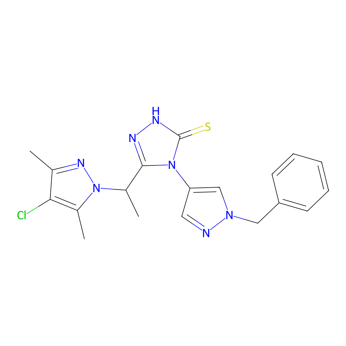 4-(1-benzyl-1H-pyrazol-4-yl)-5-[1-(4-chloro-3,5-dimethyl-1H-pyrazol-1-yl)ethyl]-4H-1,2,4-triazole-3-thiol molecular structure, CAS 1005706-69-3