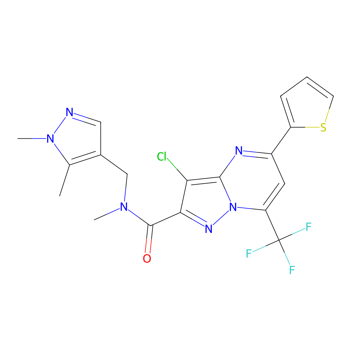 3-chloro-N-[(1,5-dimethyl-1H-pyrazol-4-yl)methyl]-N-methyl-5-(thiophen-2-yl)-7-(trifluoromethyl)pyrazolo[1,5-a]pyrimidine-2-carboxamide molecular structure, CAS 1005706-85-3