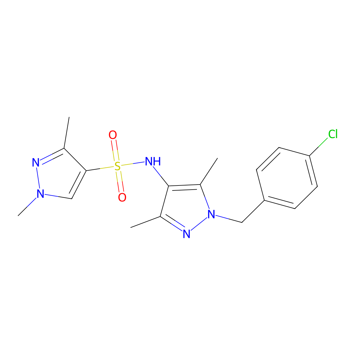 N-[1-(4-chlorobenzyl)-3,5-dimethyl-1H-pyrazol-4-yl]-1,3-dimethyl-1H-pyrazole-4-sulfonamide molecular structure, CAS 1005707-38-9