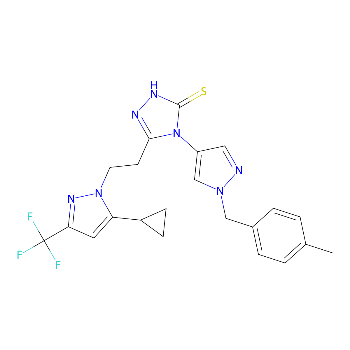 5-{2-[5-cyclopropyl-3-(trifluoromethyl)-1H-pyrazol-1-yl]ethyl}-4-[1-(4-methylbenzyl)-1H-pyrazol-4-yl]-4H-1,2,4-triazole-3-thiol molecular structure, CAS 1005707-48-1
