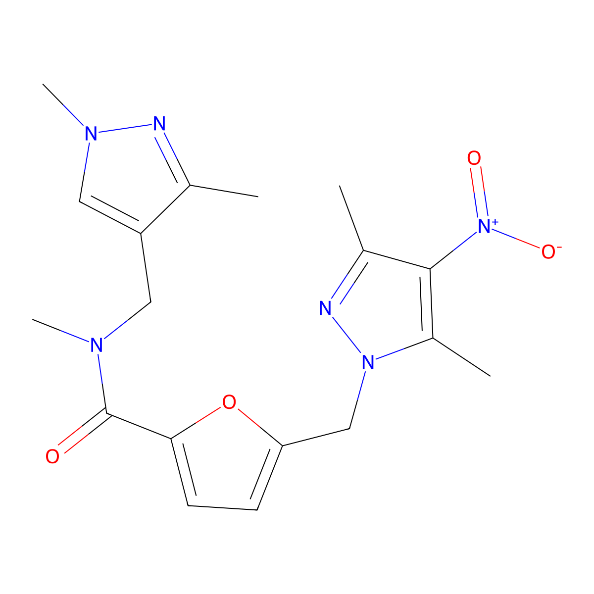 5-[(3,5-dimethyl-4-nitropyrazol-1-yl)methyl]-N-[(1,3-dimethylpyrazol-4-yl)methyl]-N-methylfuran-2-carboxamide molecular structure, CAS 1005707-51-6