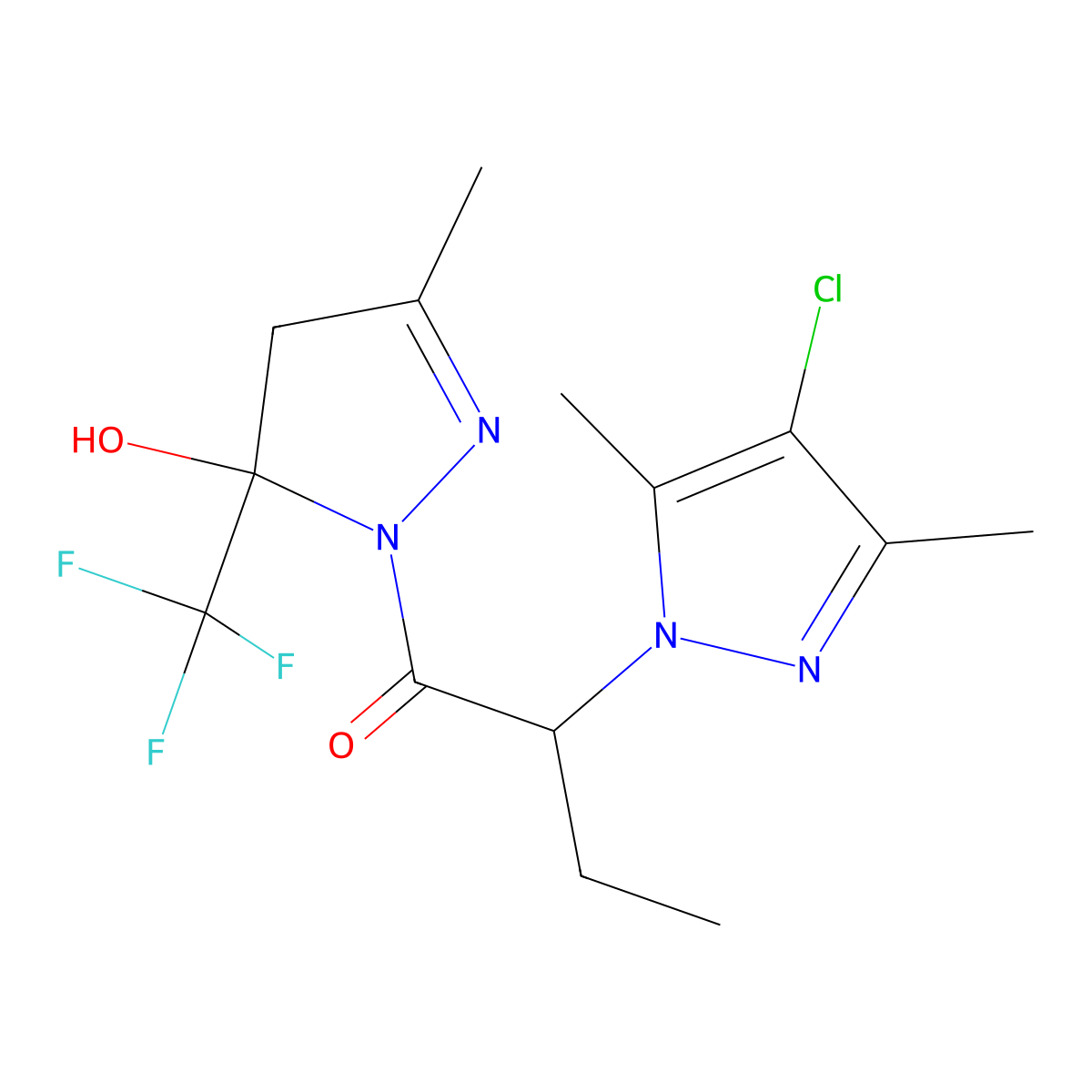 2-(4-chloro-3,5-dimethyl-1H-pyrazol-1-yl)-1-[5-hydroxy-3-methyl-5-(trifluoromethyl)-4,5-dihydro-1H-pyrazol-1-yl]butan-1-one molecular structure, CAS 1005707-77-6