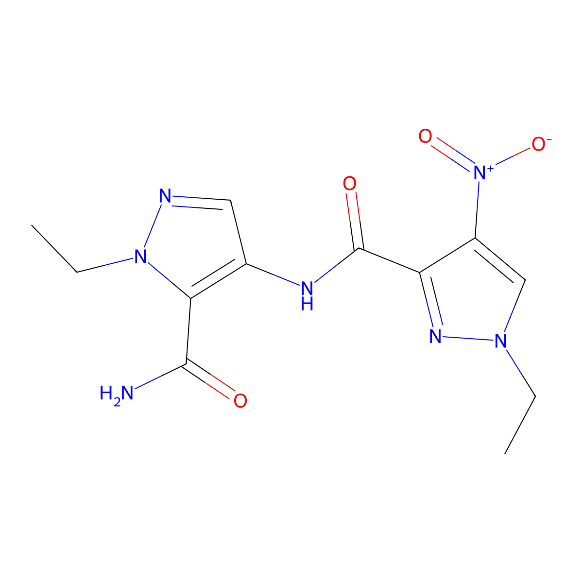 N-(5-carbamoyl-1-ethylpyrazol-4-yl)-1-ethyl-4-nitropyrazole-3-carboxamide molecular structure, CAS 1005708-35-9