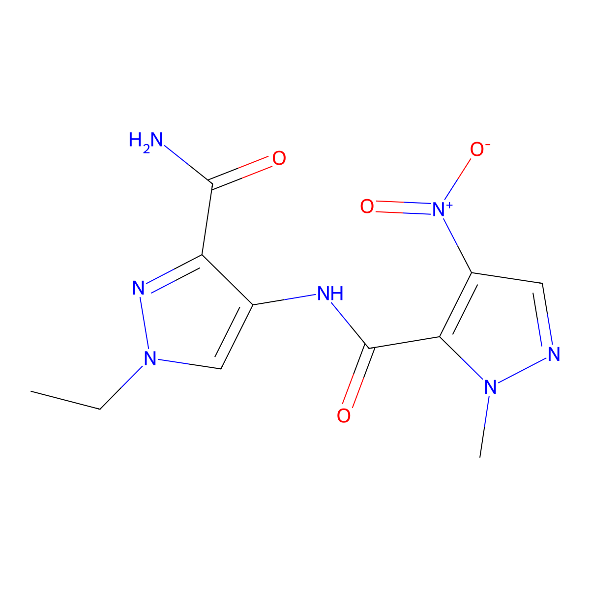 1-Ethyl-4-[(2-methyl-4-nitropyrazole-3-carbonyl)amino]pyrazole-3-carboxamide molecular structure, CAS 1005710-24-6