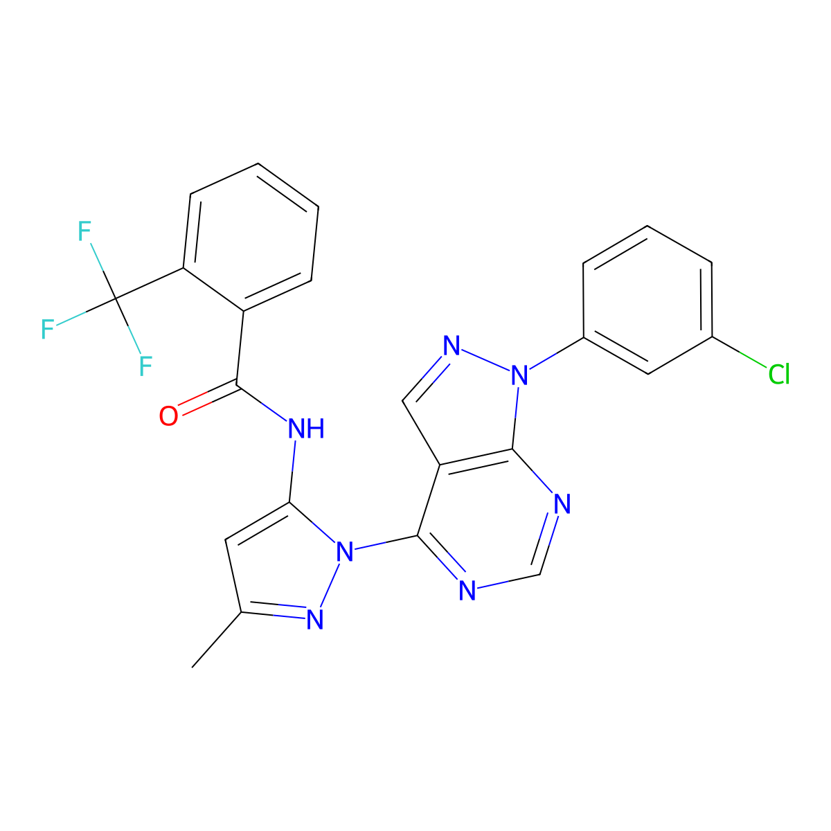 N-{1-[1-(3-chlorophenyl)-1H-pyrazolo[3,4-d]pyrimidin-4-yl]-3-methyl-1H-pyrazol-5-yl}-2-(trifluoromethyl)benzamide molecular structure, CAS 1005712-18-4