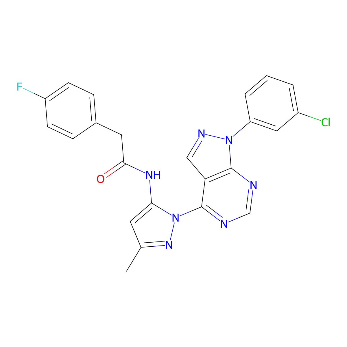 N-{1-[1-(3-chlorophenyl)-1H-pyrazolo[3,4-d]pyrimidin-4-yl]-3-methyl-1H-pyrazol-5-yl}-2-(4-fluorophenyl)acetamide molecular structure, CAS 1005712-82-2