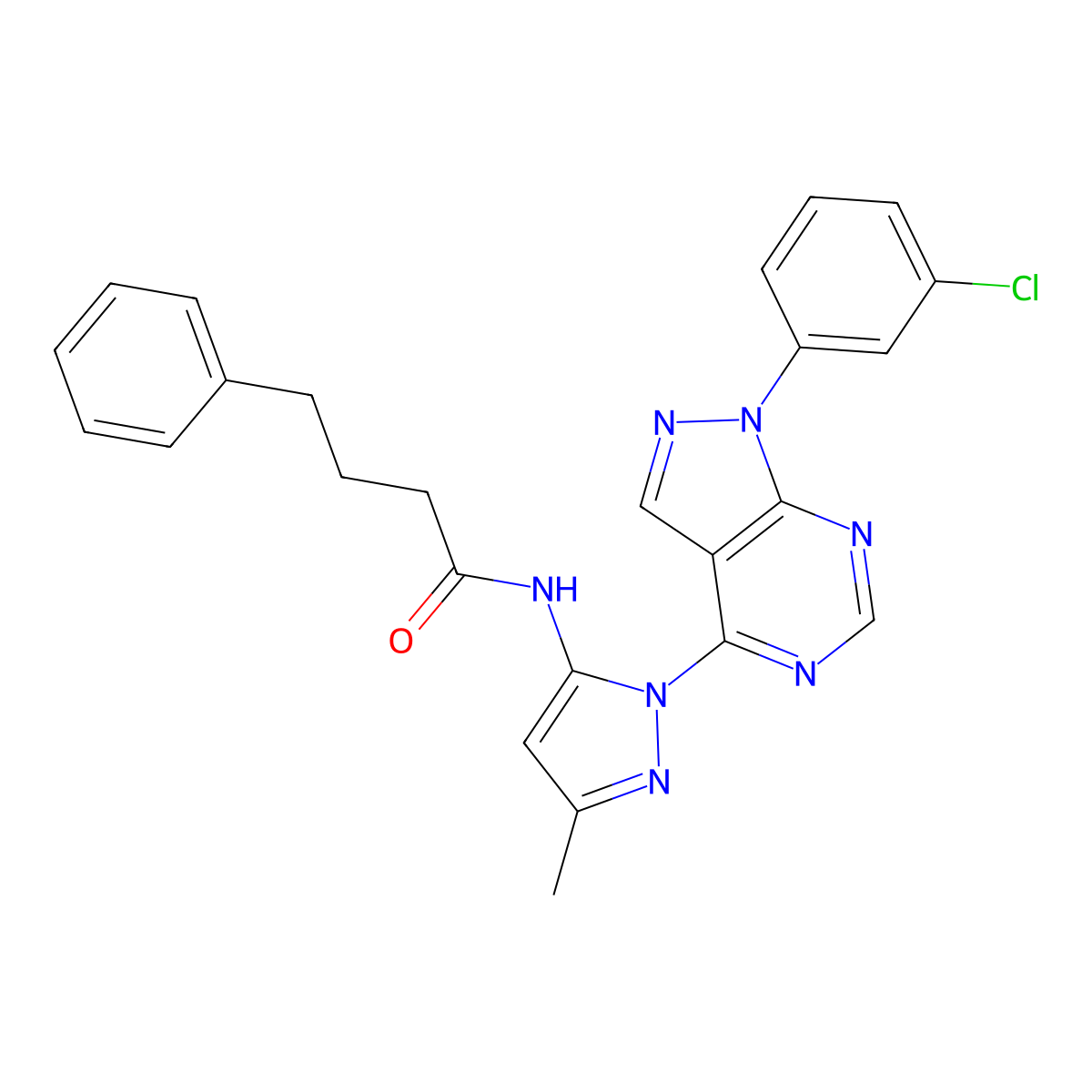N-{1-[1-(3-chlorophenyl)-1H-pyrazolo[3,4-d]pyrimidin-4-yl]-3-methyl-1H-pyrazol-5-yl}-4-phenylbutanamide molecular structure, CAS 1005712-94-6